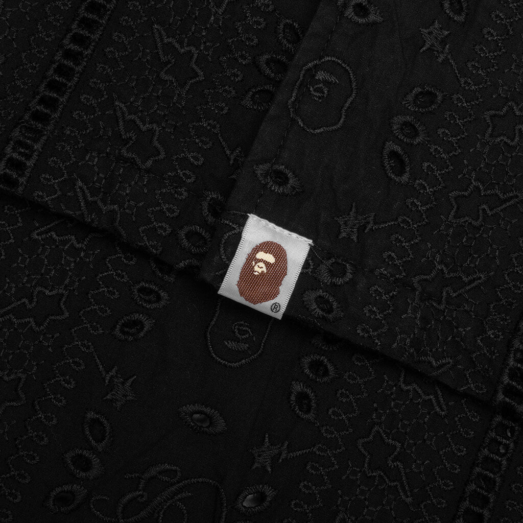 Embroidery Open Collar S/S Shirt - Black - Image 4