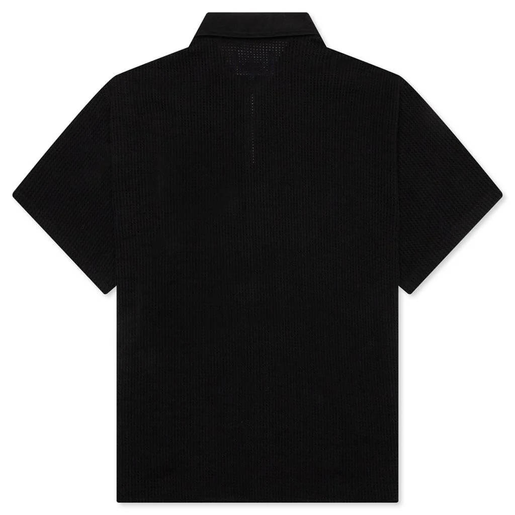 Open Knit Embroidered Polo - Black - Image 2
