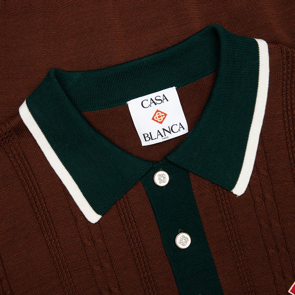 Cable Knit Oversized Polo Shirt - Dark Brown - Image 3