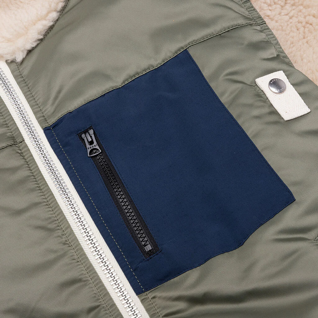 Faux Shearling Nylon Twill Blouson - Khaki/Ecru - Image 3
