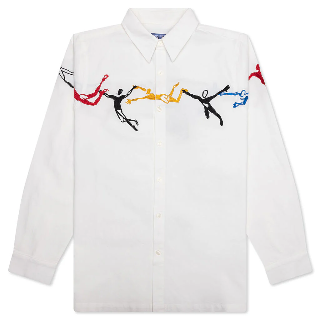 Embroidered Figures Button Up - White