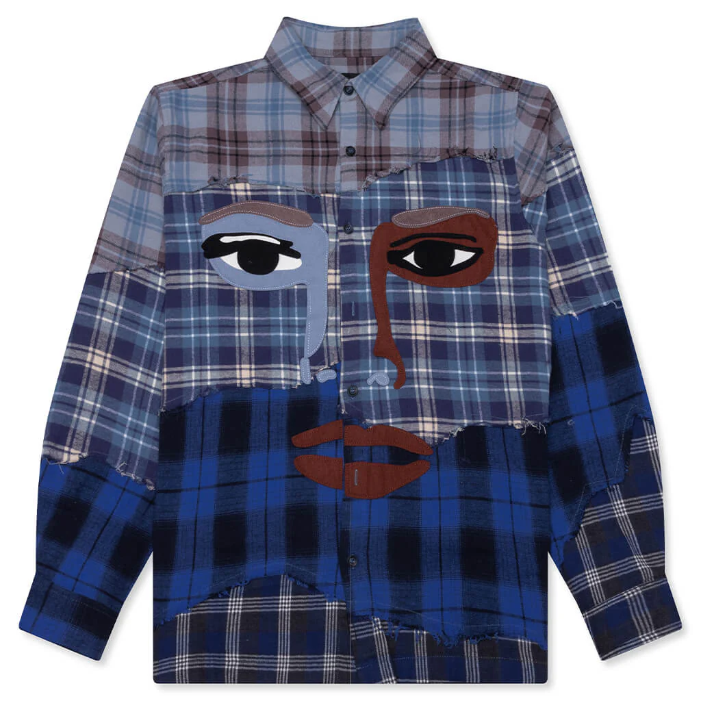 Face Patchwork Flannel - Blue Multi