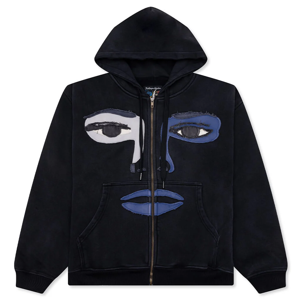 Patchwork Face Heavyweight Zip Up Hoodie - Black