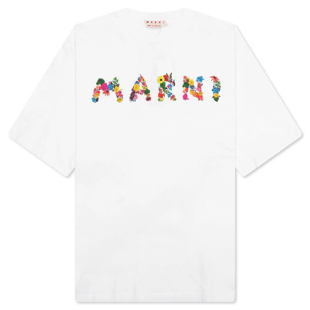 White Cotton T-Shirt With Bouquet Prints - Lily White 3