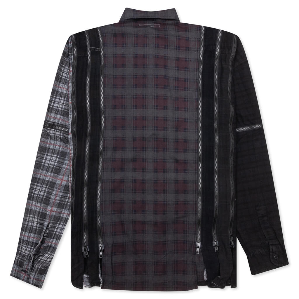 Flannel Shirt 7 Cuts Zipped Wide Shirt Over Dye - Black - Image 2