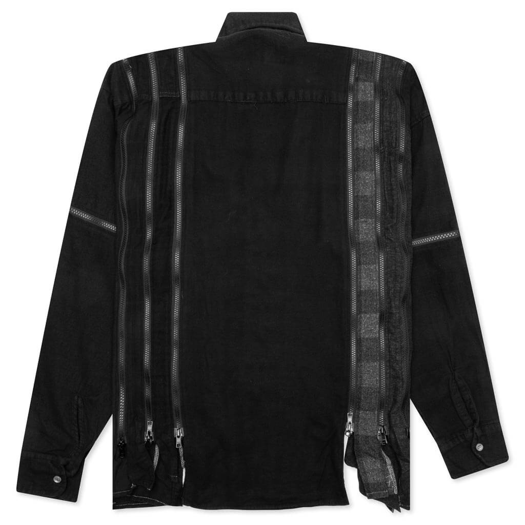 Flannel Shirt 7 Cuts Zipped Wide Shirt Over Dye - Black - Image 2