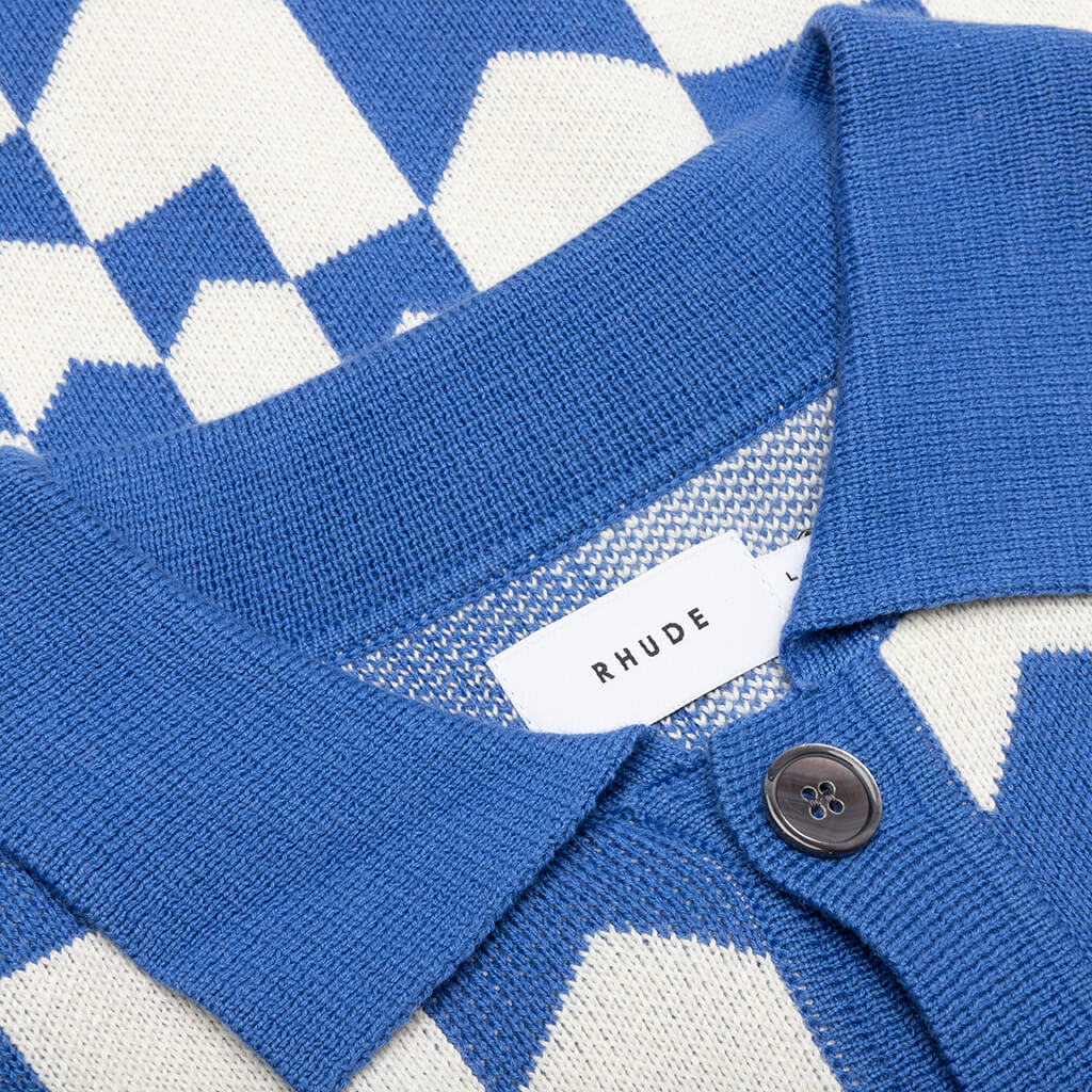 Rhacing Checkered Knit Polo - Ivory/Blue - Image 3