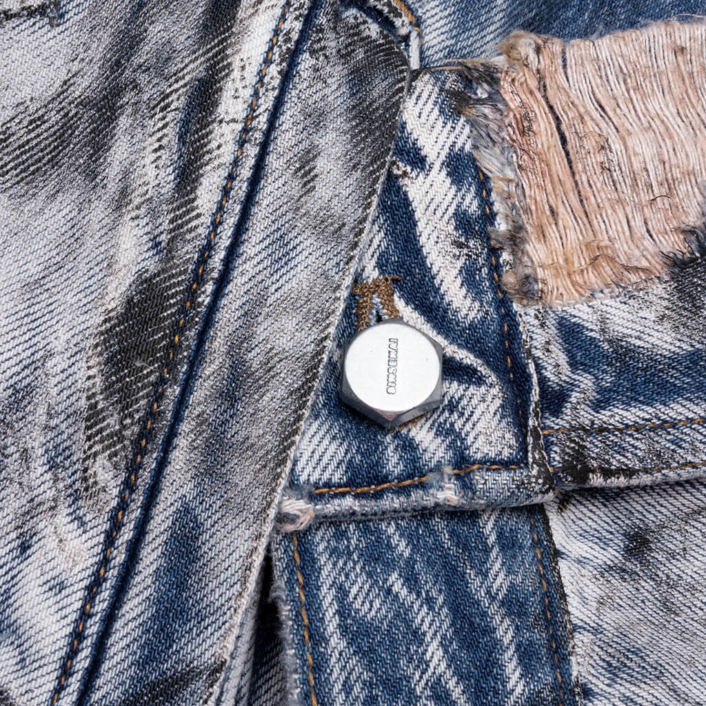 Hard-Washed Damaged Denim Jacket - Blue - Image 4