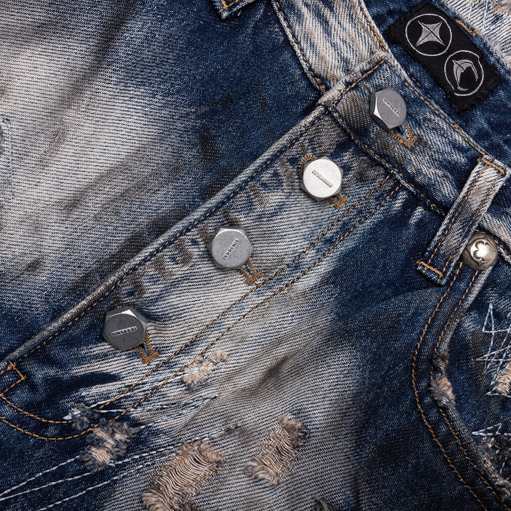 Hard-Washed Damaged Denim Pants - Blue - Image 3
