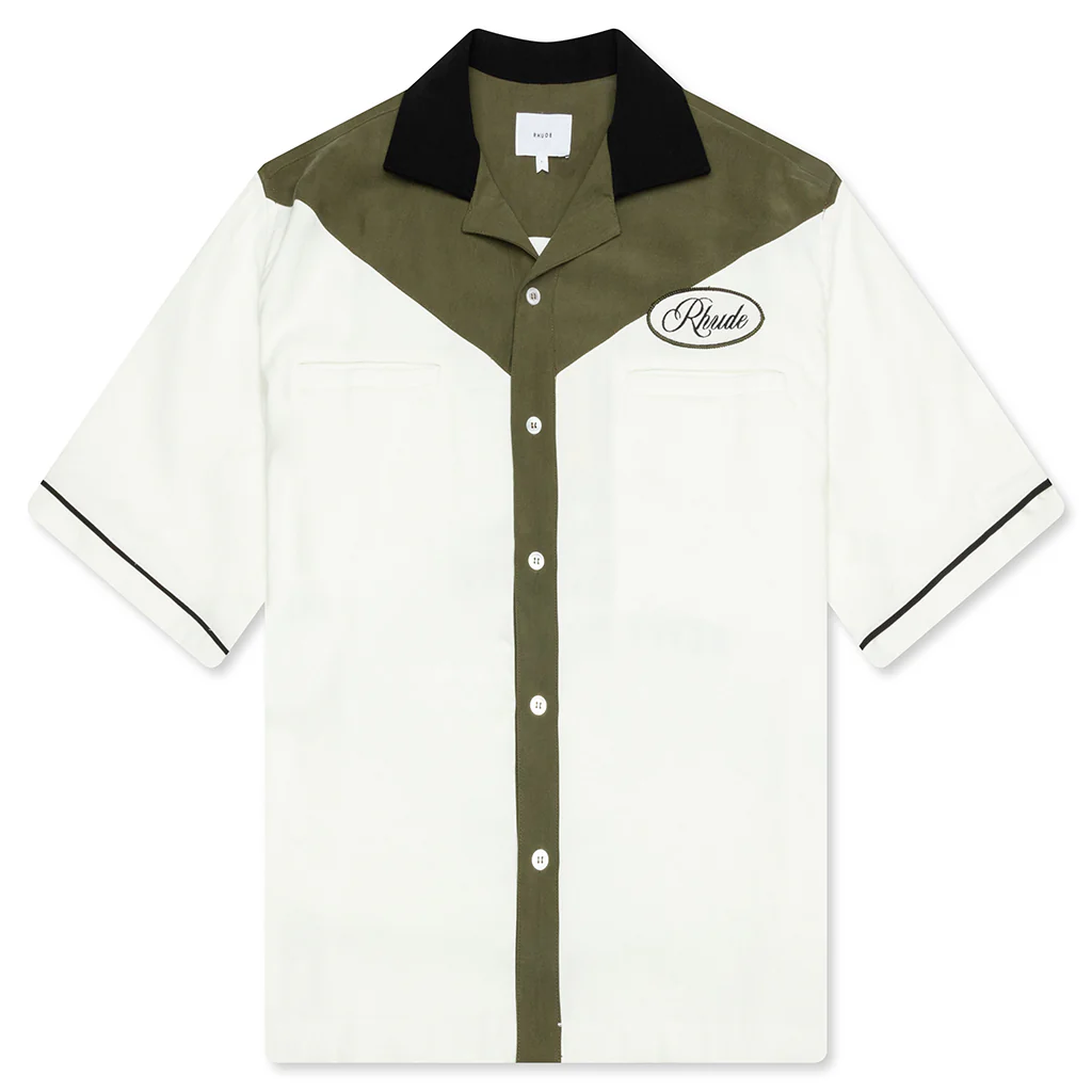 Town and Country Bowling Shirt - Military Green/Off White